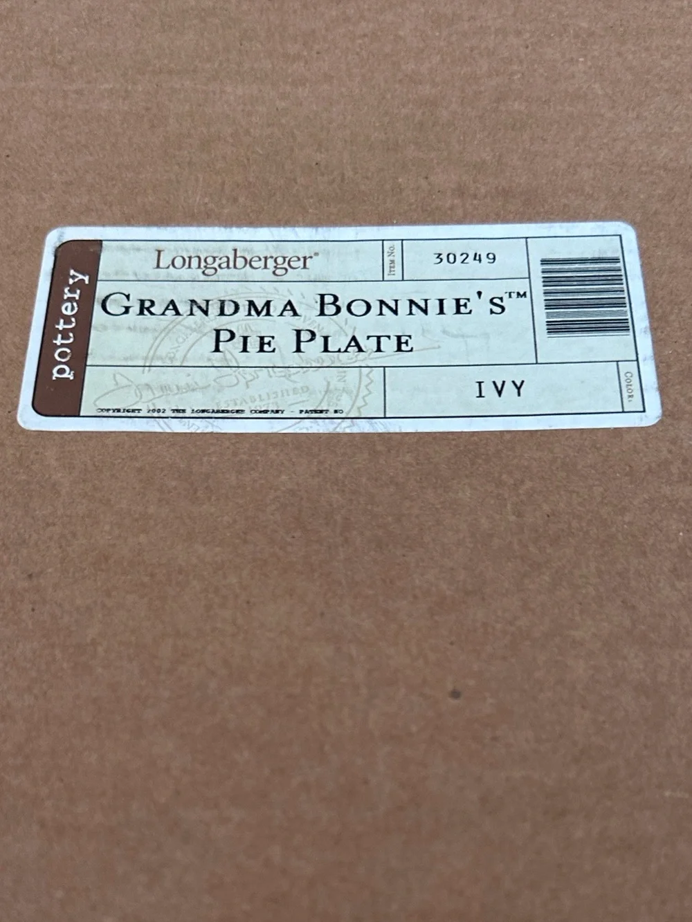 Longaberger Pottery Grandma Bonnie’s Pie Plate - Ivy - brand new